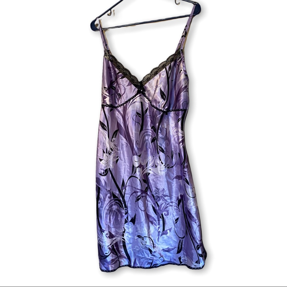 Large Satin Purple and Black Lace Cami Slip Dress